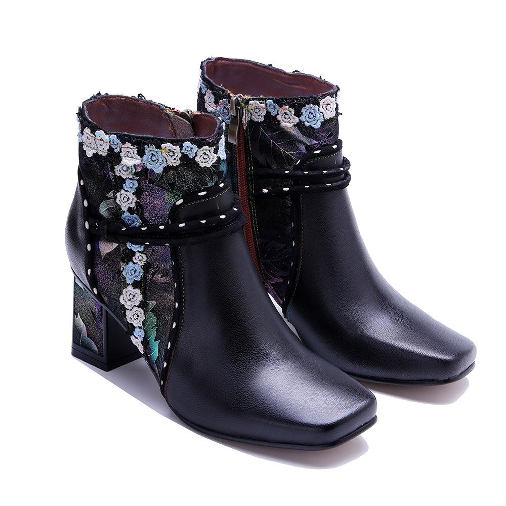 Johnature Genuine Leather Short Boots Handmade Retro Lace Square Toed Thick Heel Women's Boots