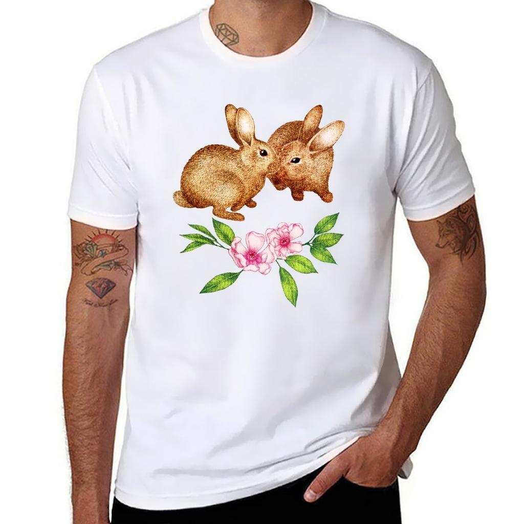 Vintage Rabbit Pair In Spring TShirt Minimalist Plain Crew Neck TShirt