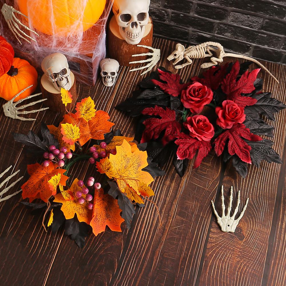 Fall Candle Rings Wreaths, Artificial Maple Leaf Candle Garland With Berries Rose, Candle Holder Rings For Autumn Harvest Halloween Party Table Center