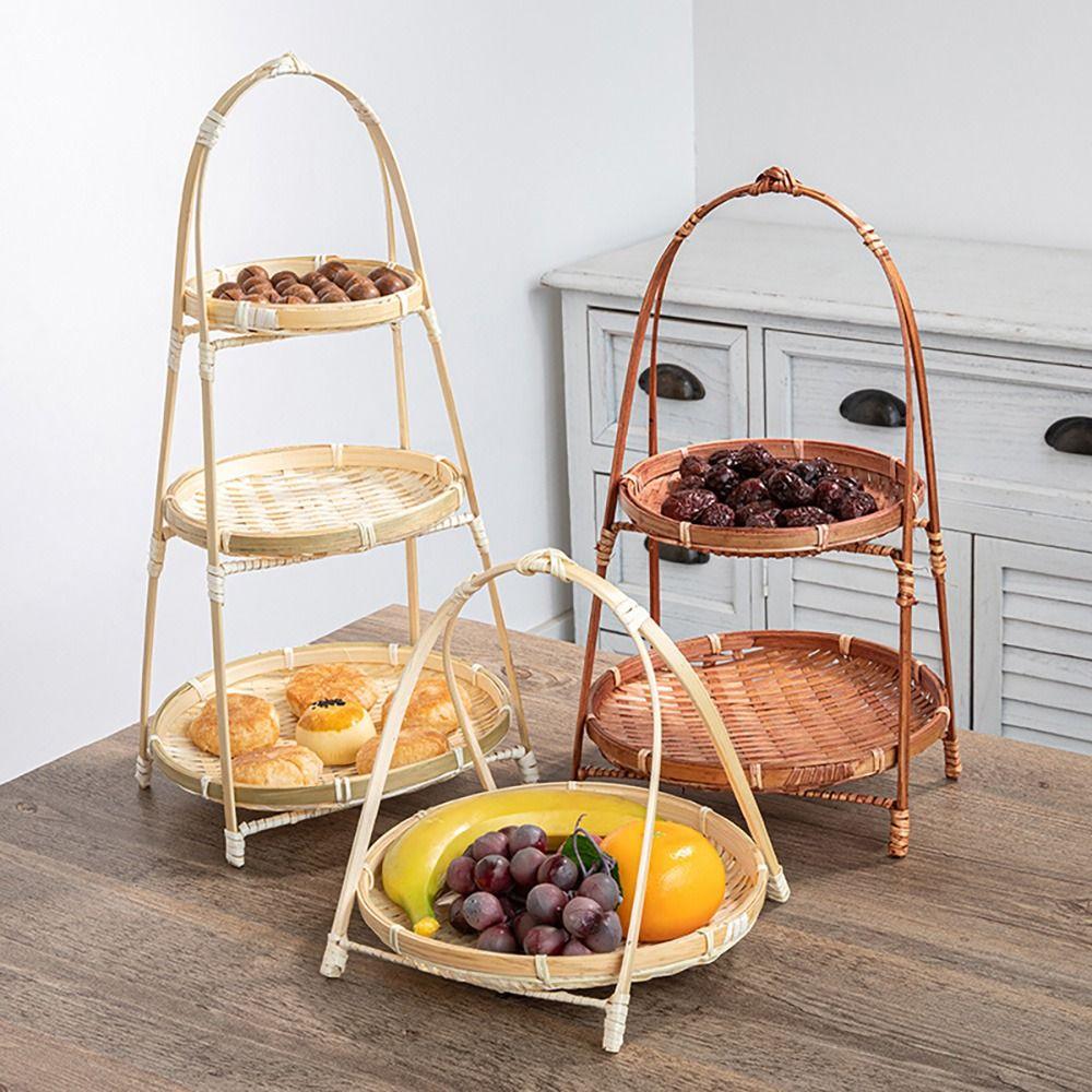 1Pcs Obst Lebensmittel Gemüse Bambus Gewebt Korb 1/2/3 Schichten Stehen Tablett Lagerung Korb Für Küche
