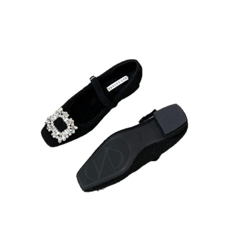 Thick Heel High Heel Black Square Head Rhinestone Single Shoes Women's Shoes 2025 New Autumn and Winter Plush Mary Jane Mao Shoes