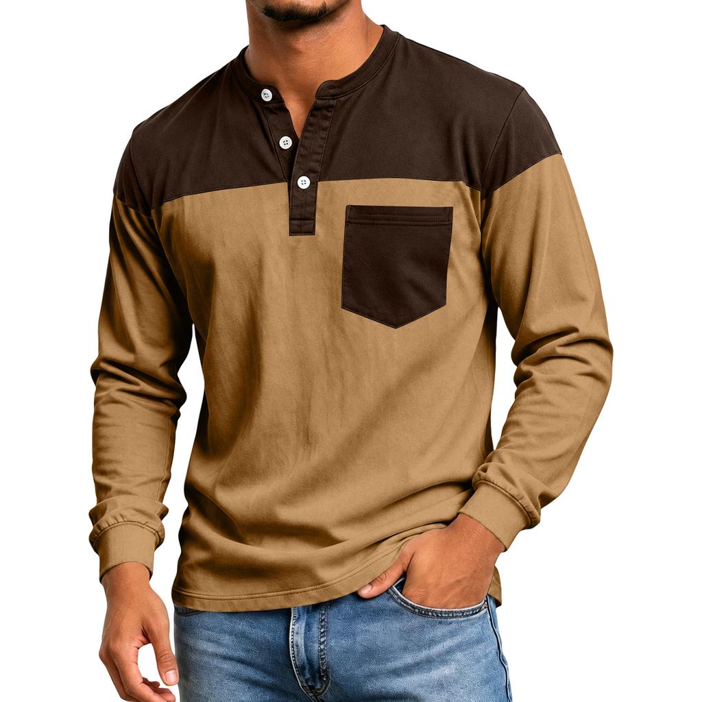 Men's Color Block Long Sleeve Shirt Casual Top for Spring and Fall