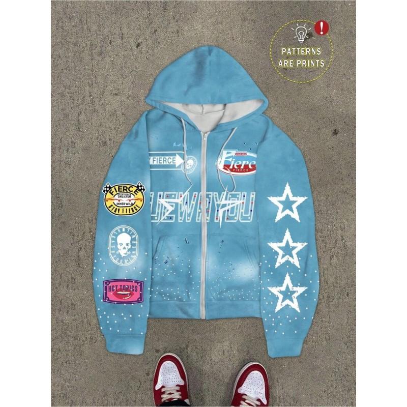 Casual Dark Thorn Print Zip-Up Hoodie Couples Regular Weight