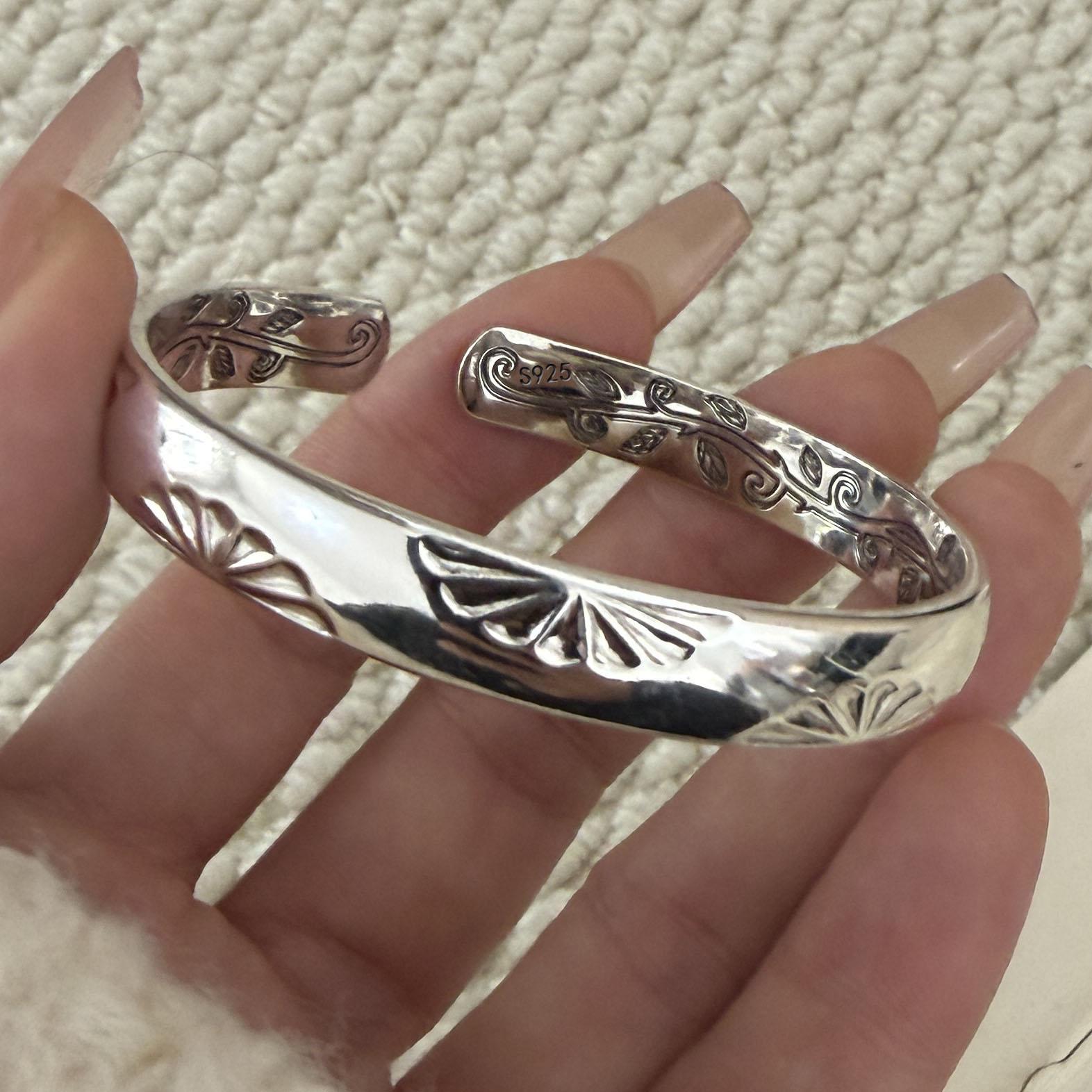 

100% Solid 925 Sterling Silver Retro Bracelet for Women Men Vintage Handmade Wide Flower Pattern Simple Bracelet Birthday Gift