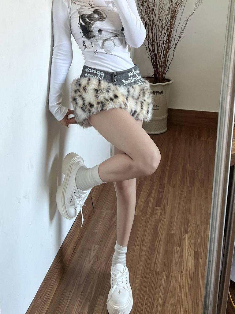 Leopard Print Low Waist Fur Patchwork Mini Skirt - Women’s Slimming A-Line Autumn Winter Spicy Style