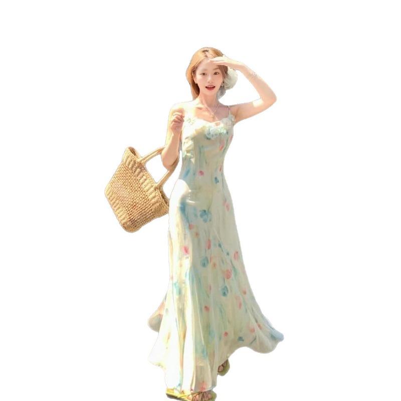 Dopamine Floral Suspender Dress Women's Xia Dingdal Dali Erhai Seaside Vacation Temperament Long Fishtail Skirt