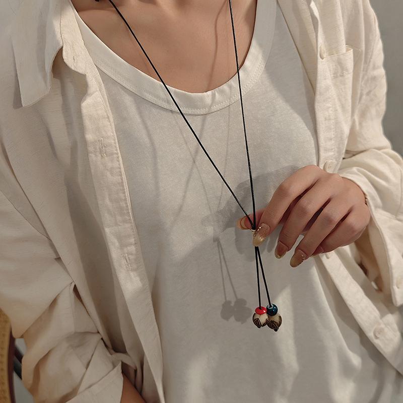 Resin Round Hollow Pendant Necklaces For Women Trendy Black Leather Rope Long Sweater Chain Necklaces Party Jewelry
