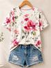 Women's Simple and Versatile Casual Short-Sleeve Floral Print Round-Neck Elegant T-Shirt Stylish Loose-Fitting Women's Top