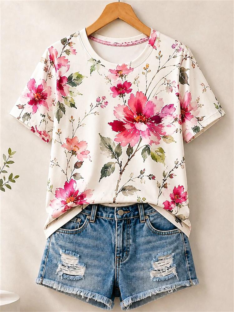Women's Simple and Versatile Casual Short-Sleeve Floral Print Round-Neck Elegant T-Shirt Stylish Loose-Fitting Women's Top