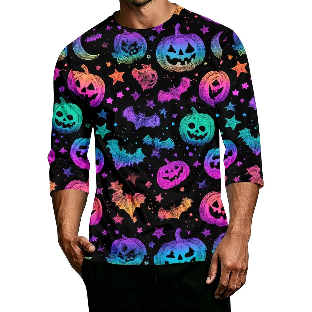 Men's Casual Halloween Printed Crew Neck T-Shirt Three Quarter Sleeve Top Lightweight Comfortable Fit Graphic Tee for Everyday Wear