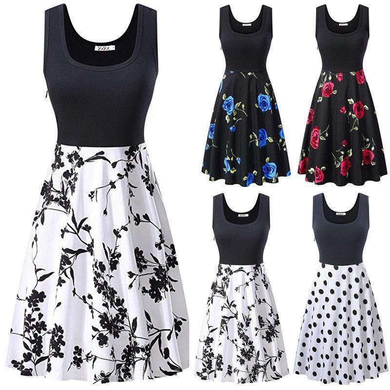 Robe d'été sans manches en coton à imprimé floral rétro pour femme, col rond, style vintage