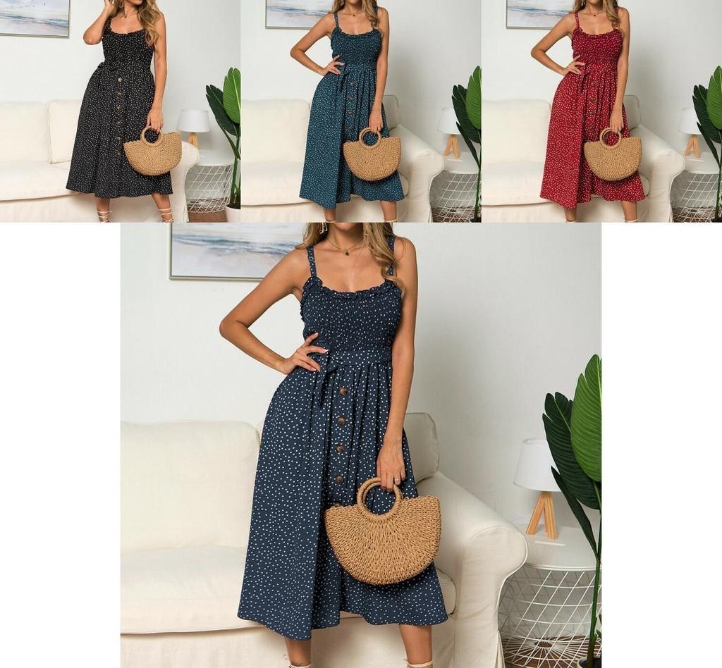 Polka Dot Print Princess Dress With Ruffle Trim Spaghetti Straps