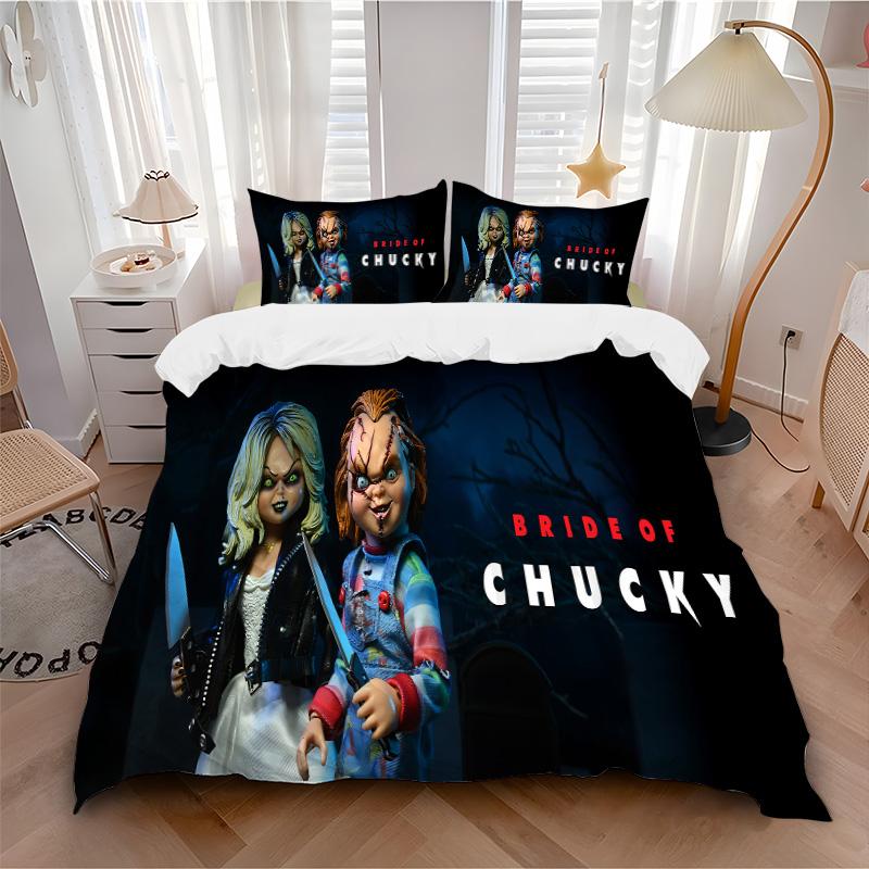 Braut Chucky Horror Romantik Druck 3-teiliges Bettwäsche-Set Bettbezug mit 2 Kissenbezügen Heim Geburtstagsgeschenk