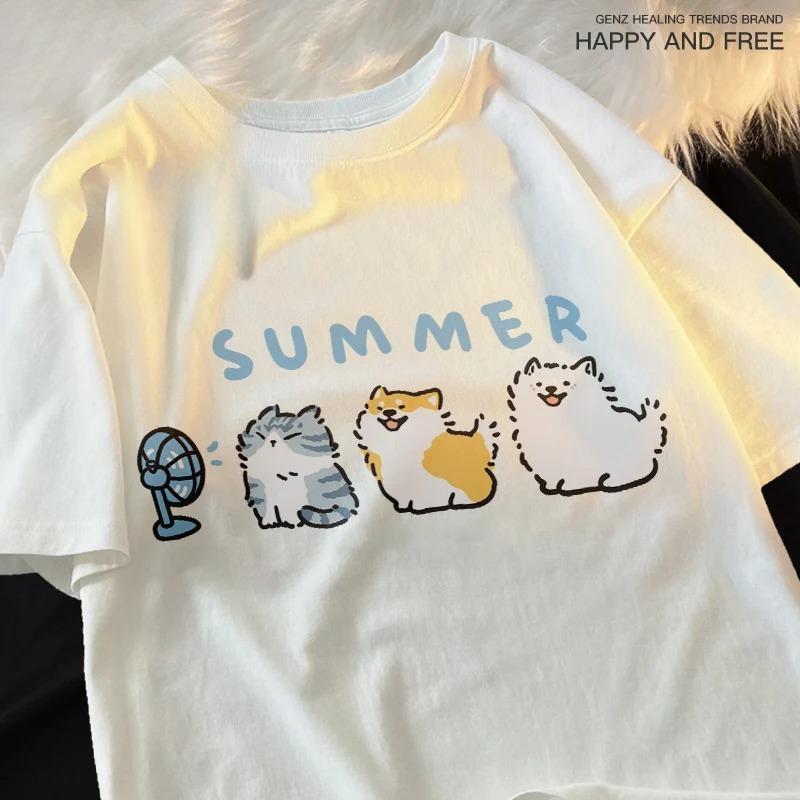 Fun and Cute Cat and Dog Pattern Men's T-shirt Loose Tshirt Vintage Top FemaleT-Shirts Hip-Hop Cool Short Sleeved