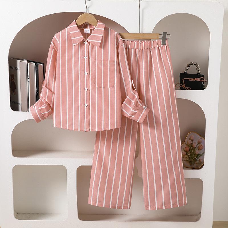 

Girls Fashion Set - Summer Children s Casual Long-Sleeved Cardigan and Striped Pants Set 130cm=8Y розовый