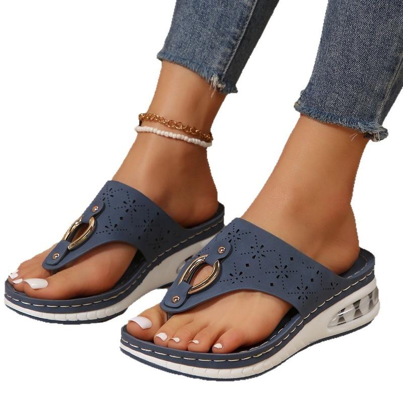 Damen Chunky Keilsandalen, Gepolsterte Dicke Sohle, Zehenriemen Strandsandalen, Große Größe