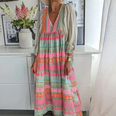 Women Spring Dress Bohemian Casual Color Matching V-neck Loose Dress-up Geometric Print
