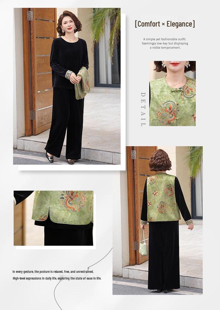 Elegant Jacquard Embroidered Gold Velvet Vest Set for Middle-Aged Women - Chinese Style Spring/Autumn Wear