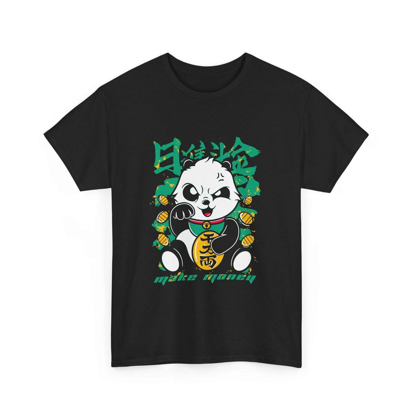Winking Lucky Panda T-Shirt | Maneki Neko Style, Green Gold Accents, Make Money 2XL