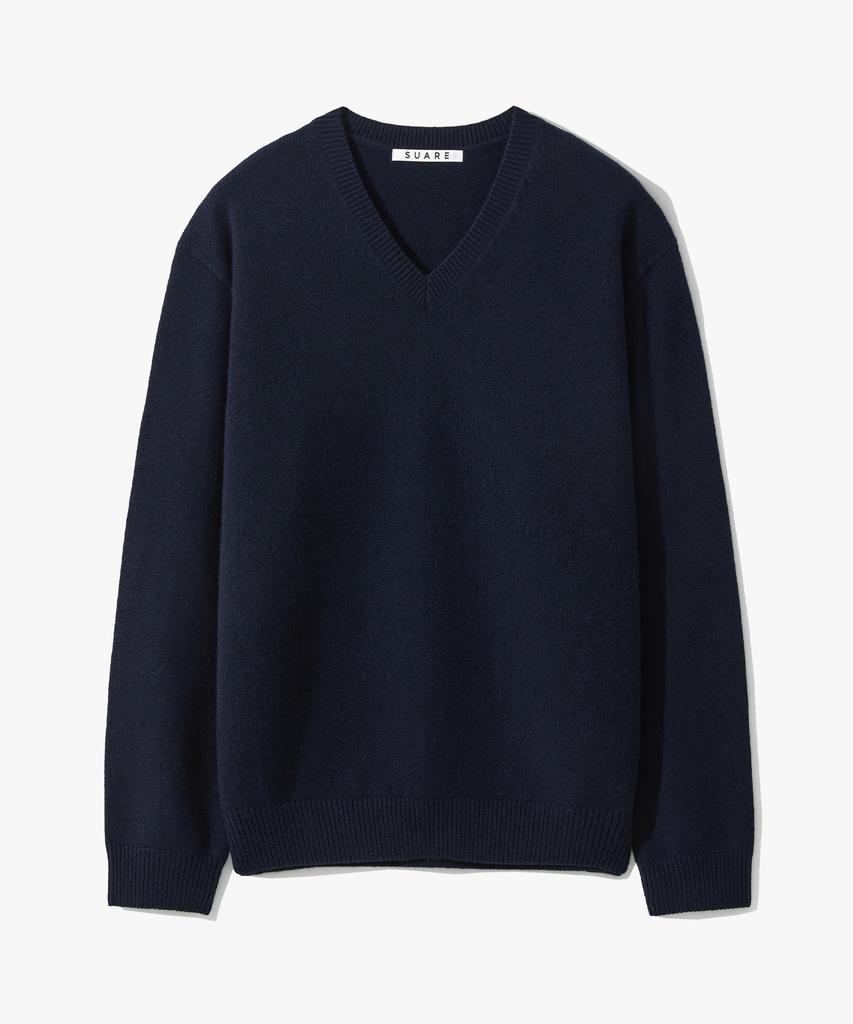 SUARE WOMEN 100% Fine Merino Wool V-Neck Knit Navy