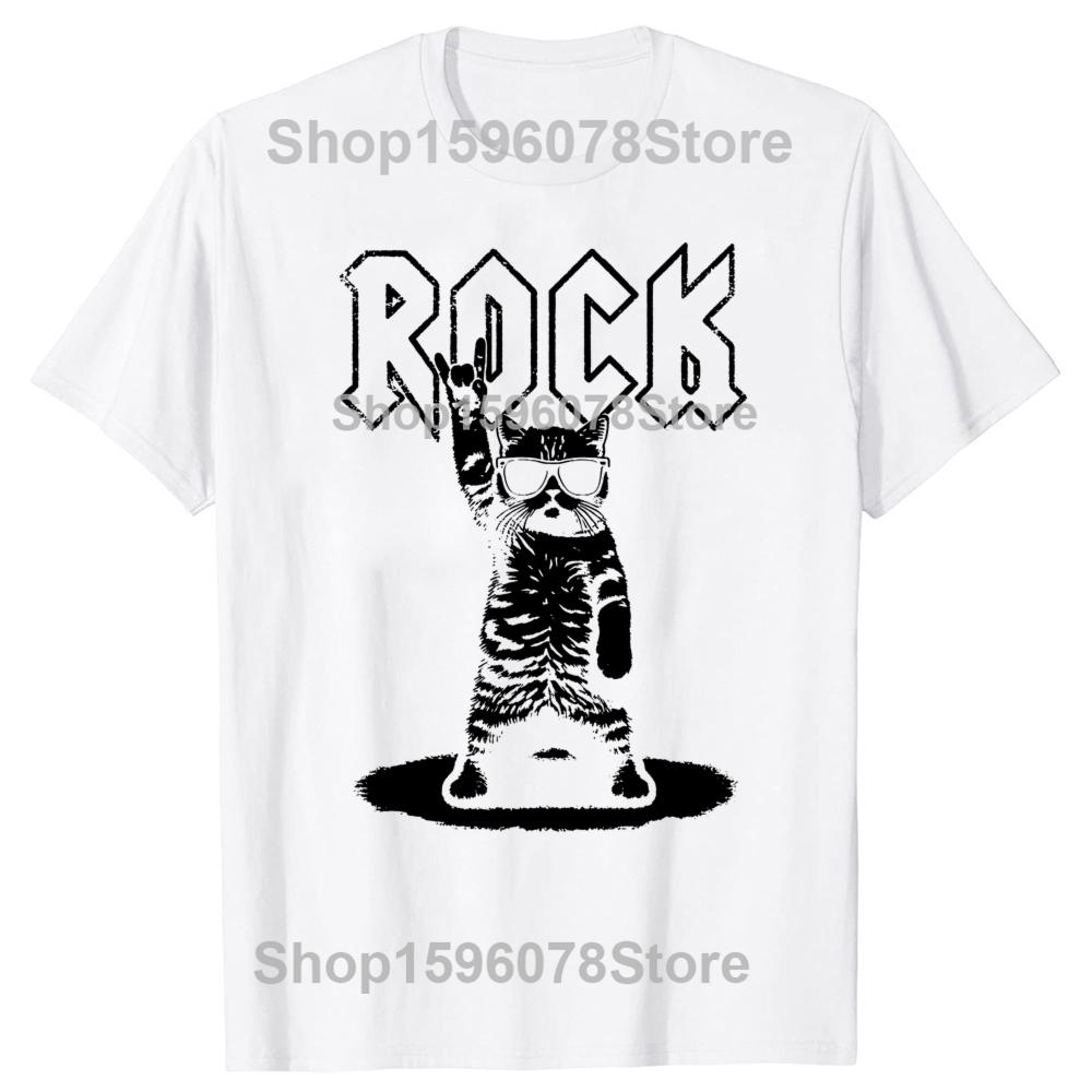 Vtipná retro kočičí rocková hudební trička pro muže a ženy, čistá bavlna, humor, streetwearové tričko s krátkým rukávem, unisex volné oblečení