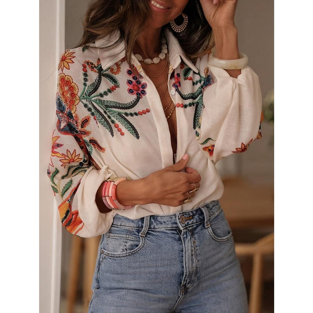 Spring Summer New Women's Loose Long Sleeve Digital Print Shirt Blouse, Casual Top for Women Crossbody Europe America