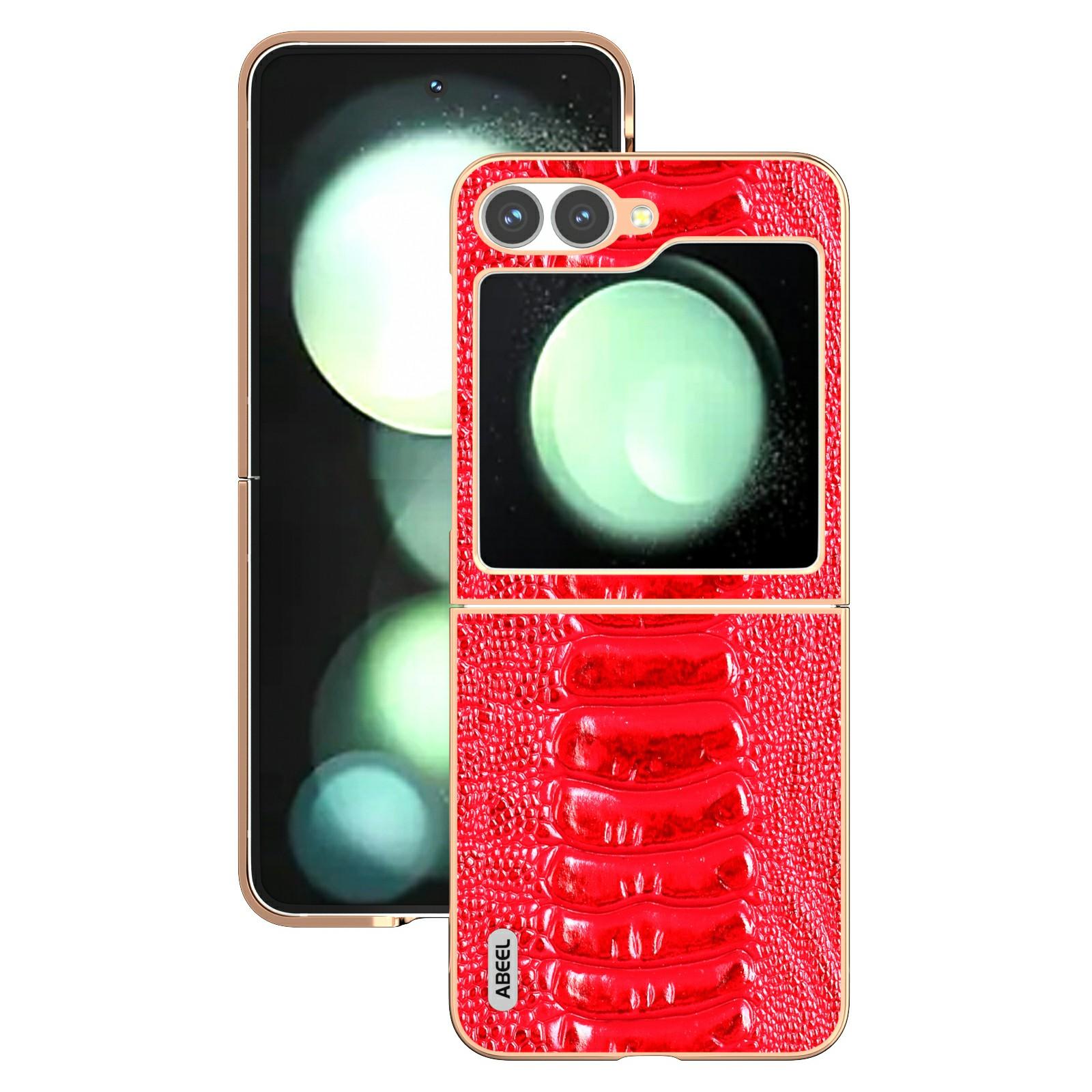 

ABEEL For Samsung Galaxy Z Flip7 FE 5G/Z Flip6 5G Case Electroplating Edge Crocodile Texture Genuine Cow Leather+PC Phone Cover B