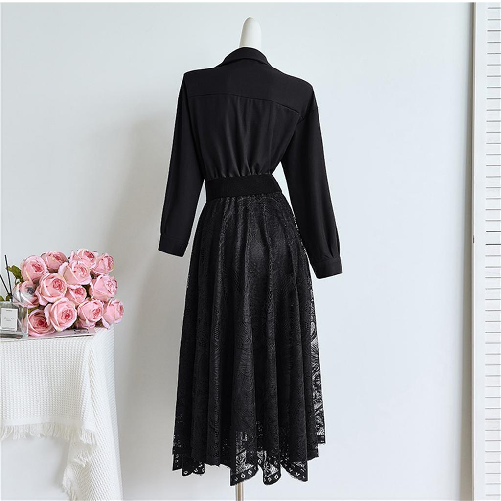Solid Green Lace Splice One Piece Shirt Dress for Women Elegant Turn Down Collar Long Sleeve Belt Slim A-line Dress