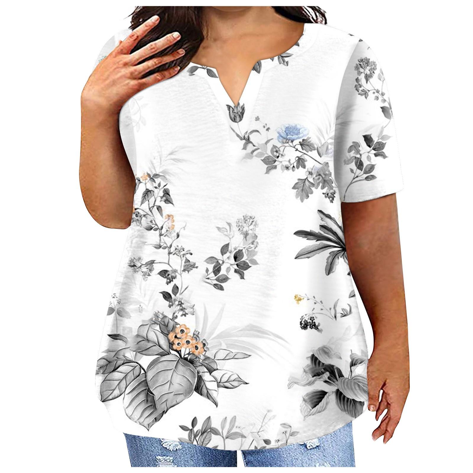 

Модна повсякденна жіноча футболка з принтом і кишенями з короткими рукавами та круглим вирізом великих розмірів XL білий