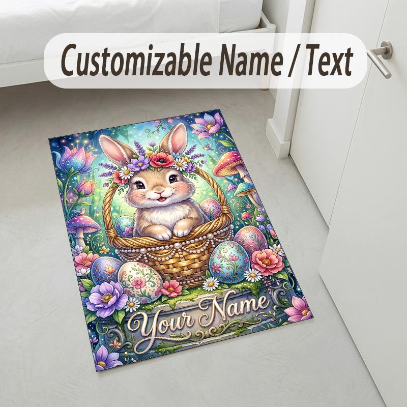 Easter Bunny Theme Crystal Velvet Rug Personalized Custom Name Text Soft Floor Mat Home Decor