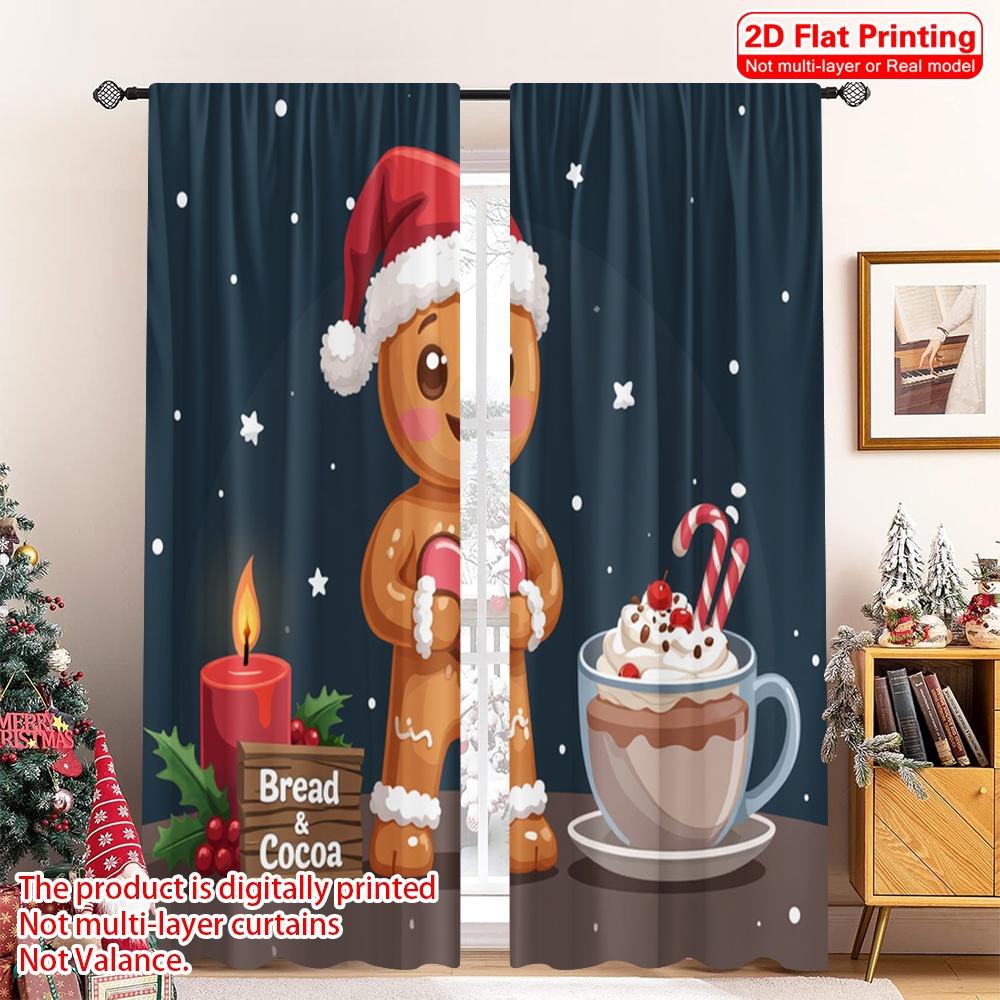 

2pcs 2D flat printing Merry Christmas Popular Curtains Gingerbread man with hot cocoa and candle Polyester Without Electricity 52.50×116.00 CM 2pcs