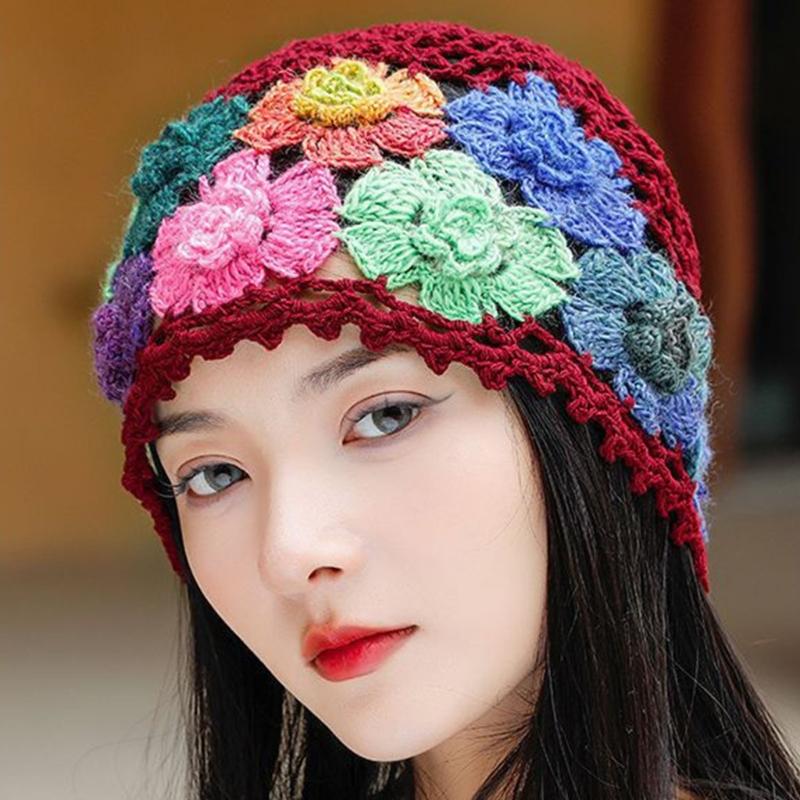 Cotton Crochet Brimless Hat With HollowOut Flower Design Summer Vacation Casual Skull Cap For Women Everyday Wear
