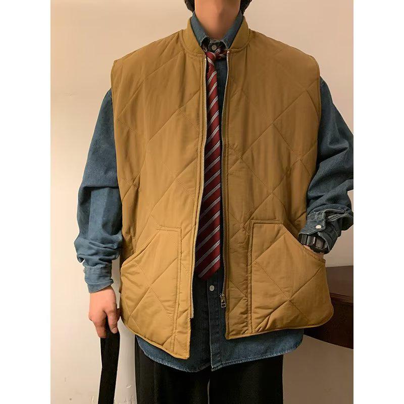 2024 Trendy Diamond Check Men's Winter Cotton Vest – Japanese Style Warm Couple Waistcoat