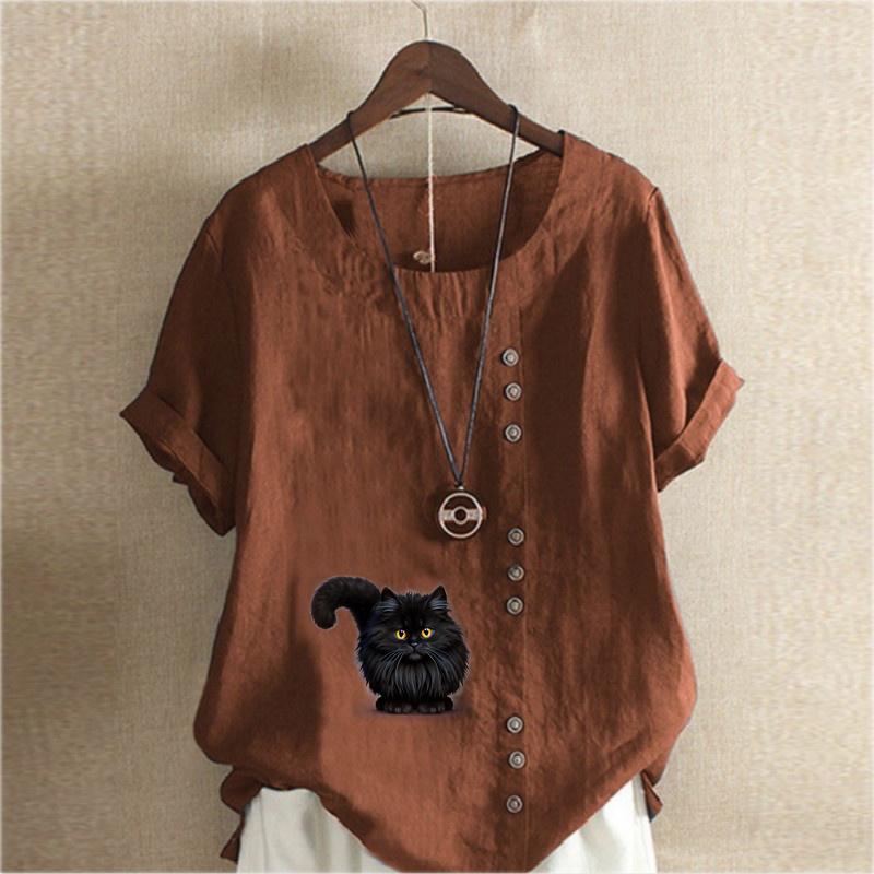 Women's Fashion Black Cat Prined Round Neck Short Sleeve T-shirt Casual Cotton Linen Graphic Shirt Leisure Loose Summer Blouse Tops