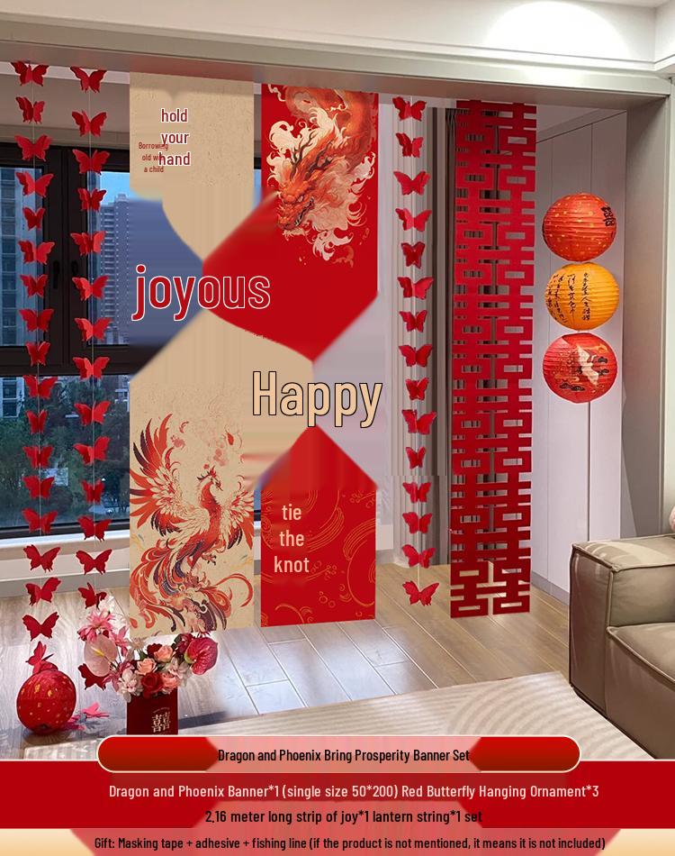 Hanging Double Happiness Cloth Banner for Wedding and Engagement Decor in Living Room or Hotel