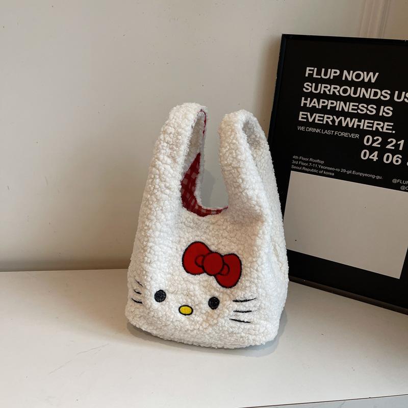 Cute Cartoon Lamb S Wool Sanrio Hello Kitty Large Capacity Handbag Plush Kt Cat Portable Versatile Handbag Gifts