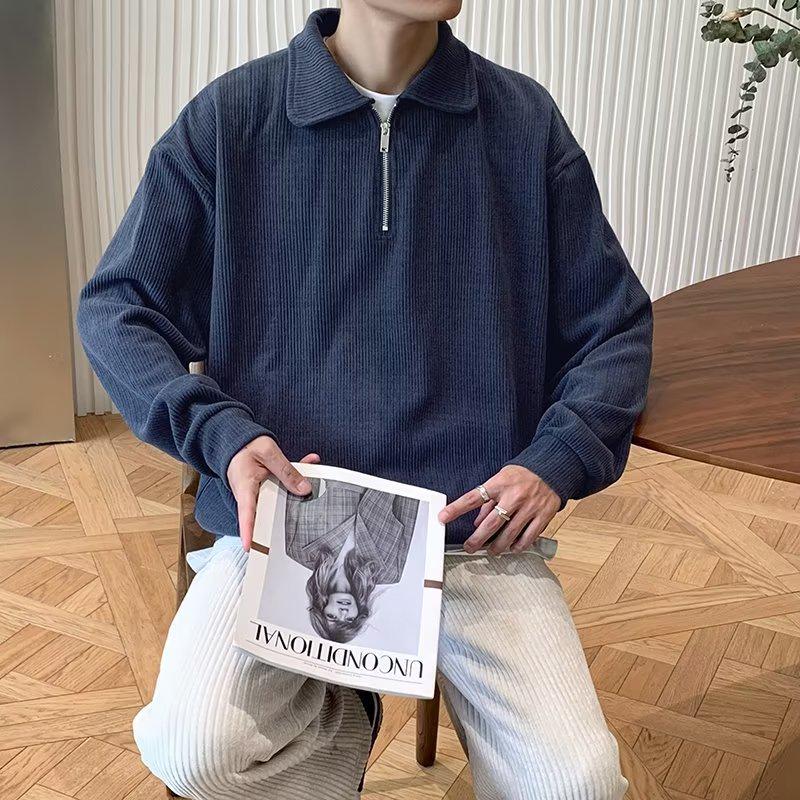 Men's Korean Style Casual Loose Half-Zip Lapel Polo Knit Top