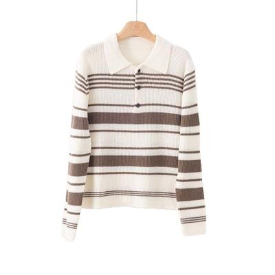 Soft Waxy Retro Polo Collar Striped Contrasting Color Quan Wool Knitted Sweater Women's Early Autumn New Inner Pullover Bottoming Shirt