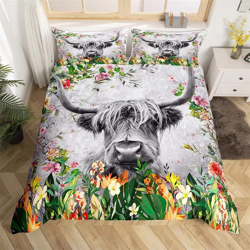 Highland Cow Duvet Cover Western Farmhouse Animal Bedding Set Microfiber Farm Bull Cattle Floral Comforter Cover Twin King Size