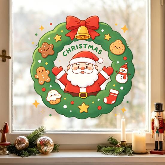 Winter Wreath Decorations Christmas Santa Claus Window Cling, Cartoon Static Sticker, PVC Party Decor Waterproof Glass Decal for Home Holiday