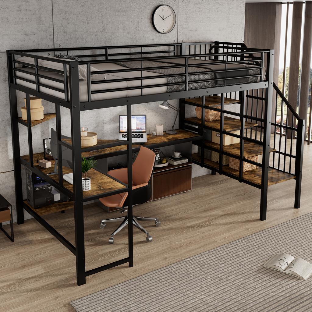 Bed, Loft Bed, Charging Port, Comfortable and Safe Corner Staircase, Desk Area with Keyboard Tray and Storage, Iron + MDF, Black + Dark, 120x200cm