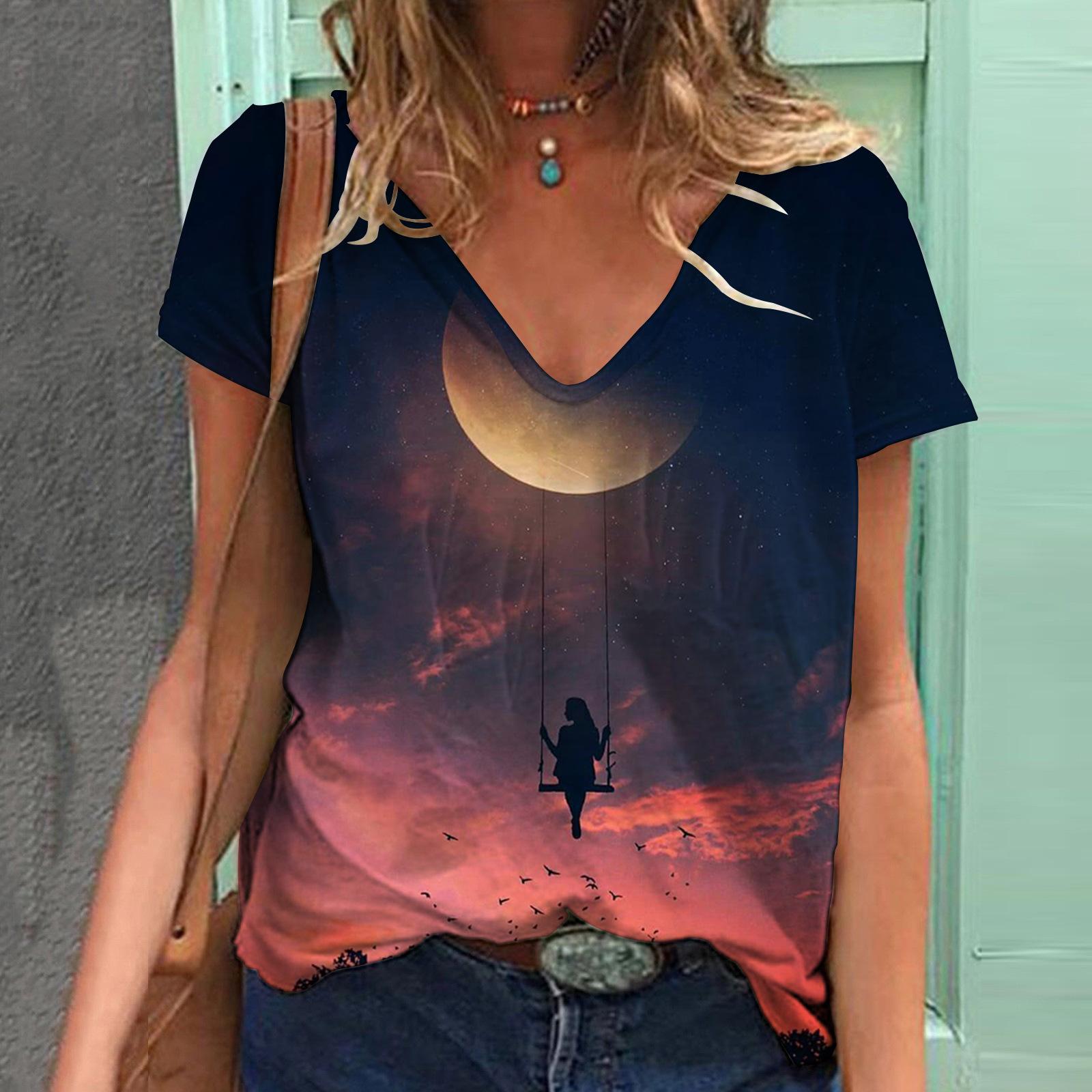 Летняя модная футболка женская контрастная строчка лунный свет цифровой 3D принт топы — фото 6