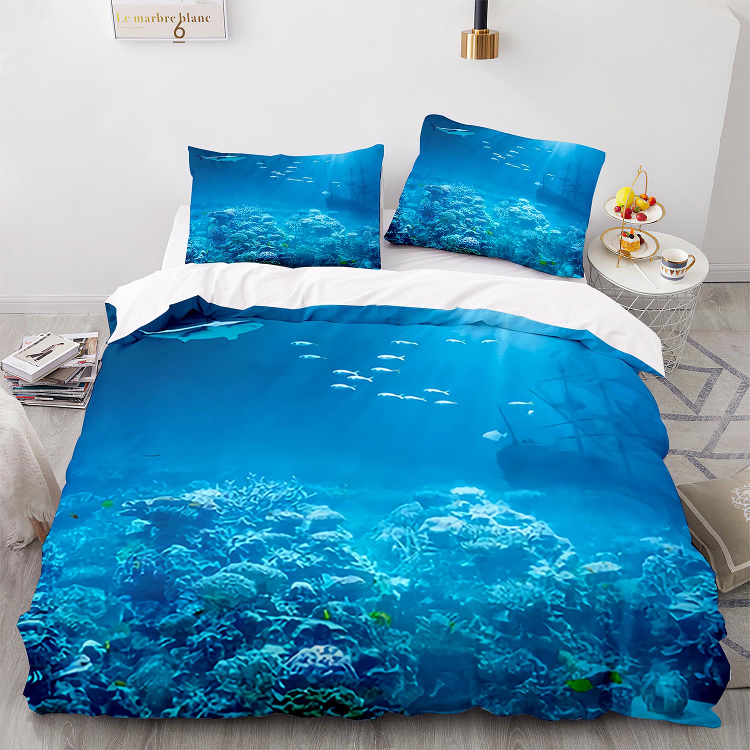 

Blue Sea World Bedding Sets 3D Print Sea Animal Dolphins Sharks And Cartoon Quilt Queen Duvet Cover Set Kids Adult Bedclothes EU Single 135x200cm