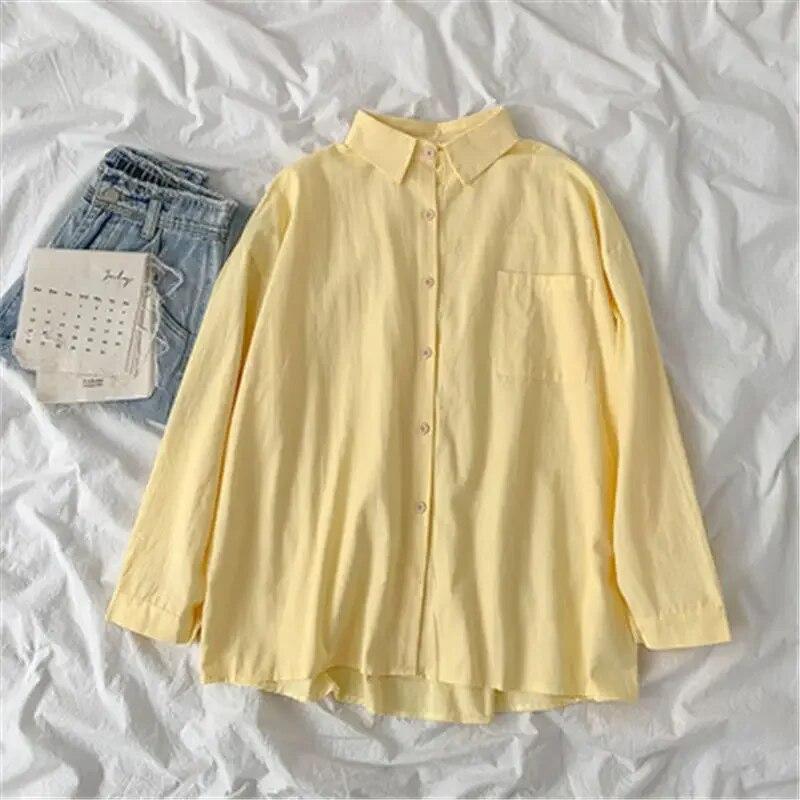 Preppy Style Solid Color Shirt  Autumn Women Korean Fashion Turn Down Collar Blouse Loose Long Sleeve Tops Clothes 30269