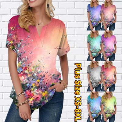 Women Summer T Shirt Oil Painting Flowers Print Short Sleeve Tees Casual Tops Small V-neck Short Sleeves
