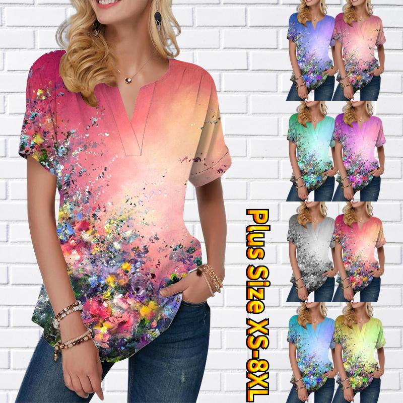 

Женская летняя футболка с масляной живописью и цветочным принтом, футболки с короткими рукавами, повседневные топы, маленький v-образный вырез с короткими рукавами XS синий