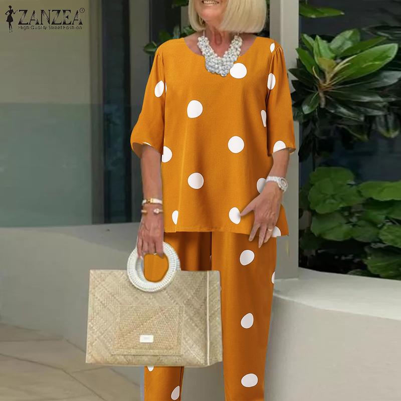 

ZANZEA Женская мода Наряды в горошек с половинным рукавом Блузка и брюки Летний комплект костюма из двух частей