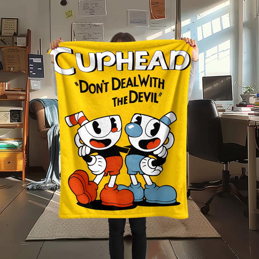 1Pc Cuphead Print Flannel Blanket, High Quality Comfortable for All Seasons, Home Decor, Warmth and Comfort, Perfect for Christmas Gifts