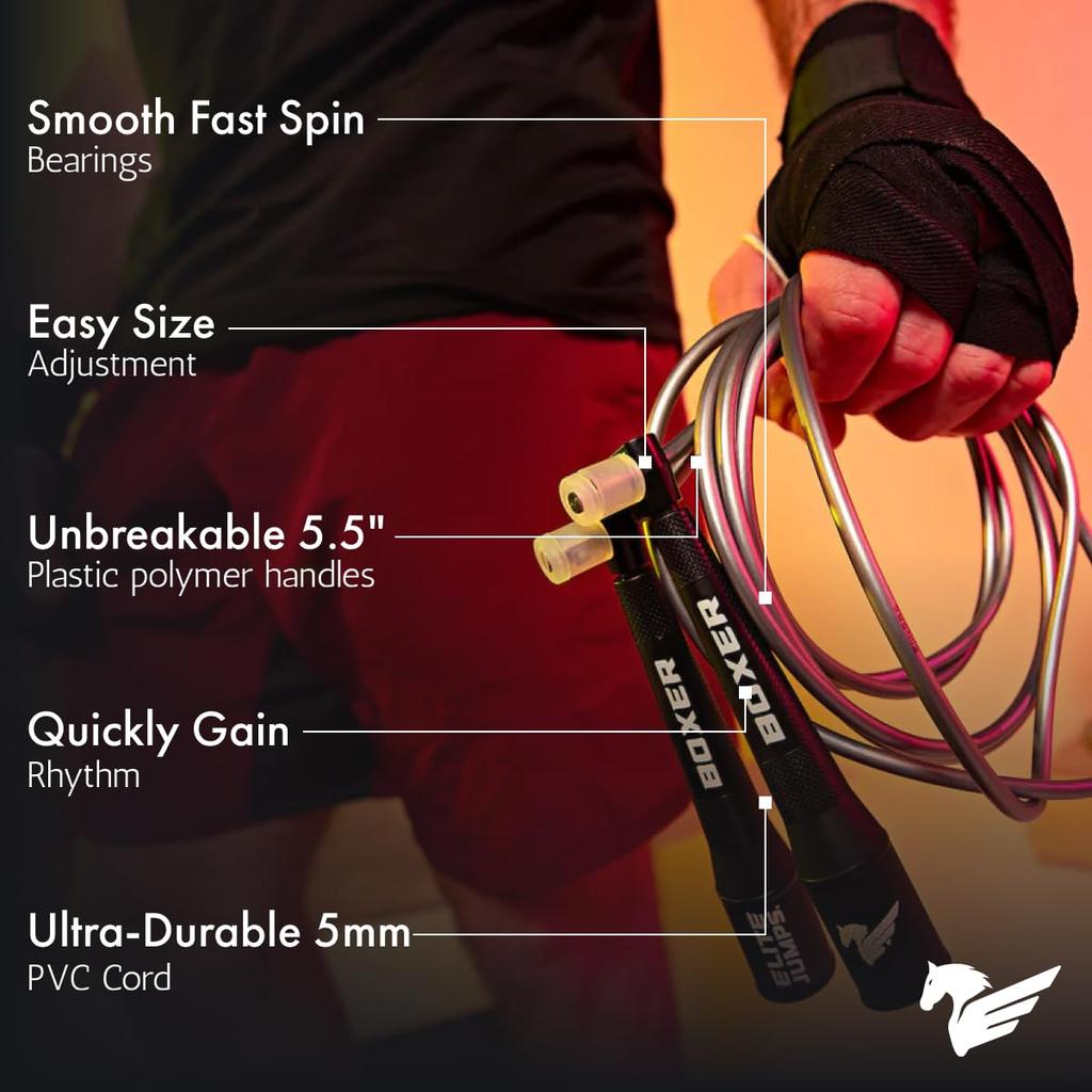 EliteSRS 5mm Poly Boxer Jump Rope with Smooth Action Polymer Handle and Ergonomic Dimpled Black 10-Foot Outdoor-Rated 3.0 Non-Slip Grip,