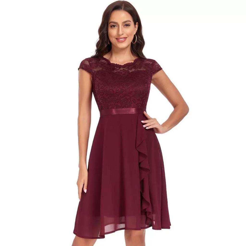 Plus Size Women's Lace Patchwork Chiffon Dress - Round Neck, Waist-Slimming, Big Swing, Hepburn Style